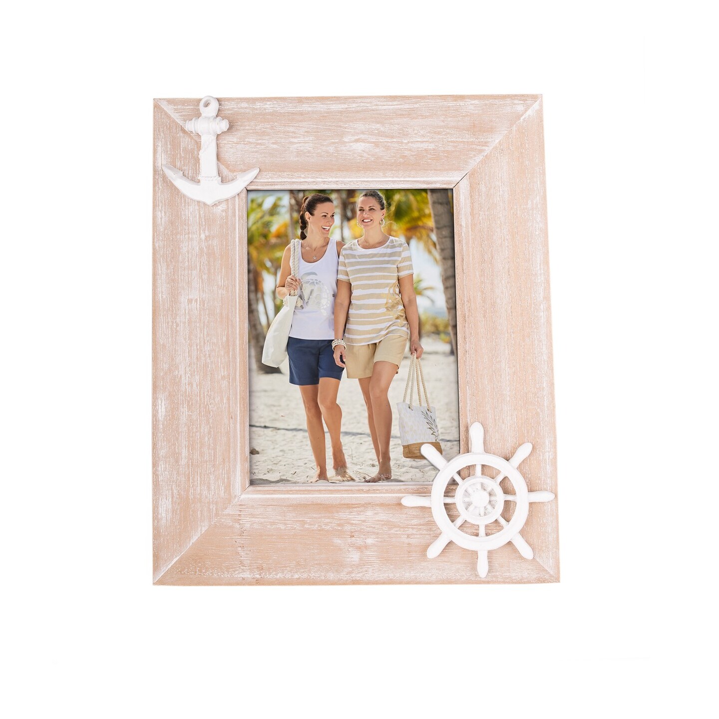 5" x 7" Wood Anchor/Wheel Frame Beach Coastal Nautical Photo Frame Picture Holder for Wall Shelf or Tabletop Decor Decoration