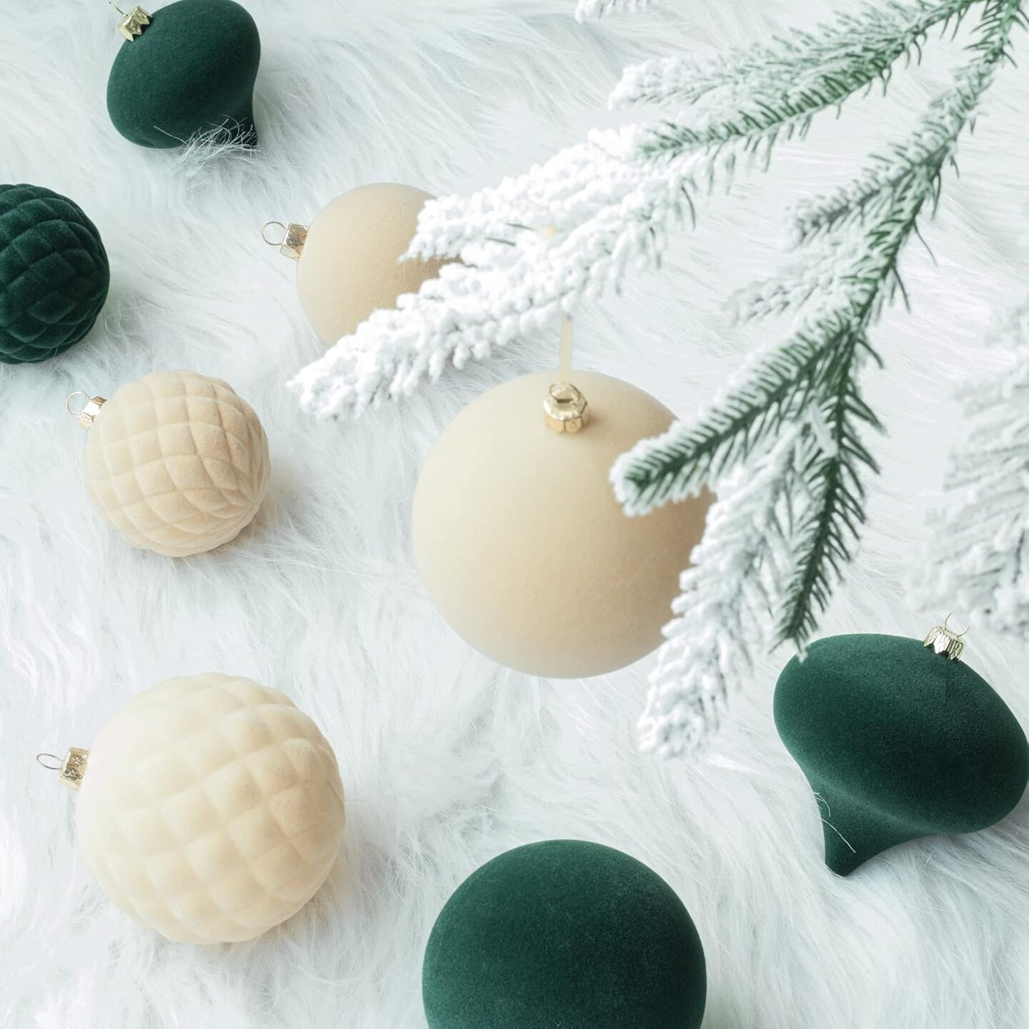 Velvet Christmas Balls Cream White 25pcs Flocked Christmas Tree Ornaments Assortment for Xmas Tree Holiday Decor