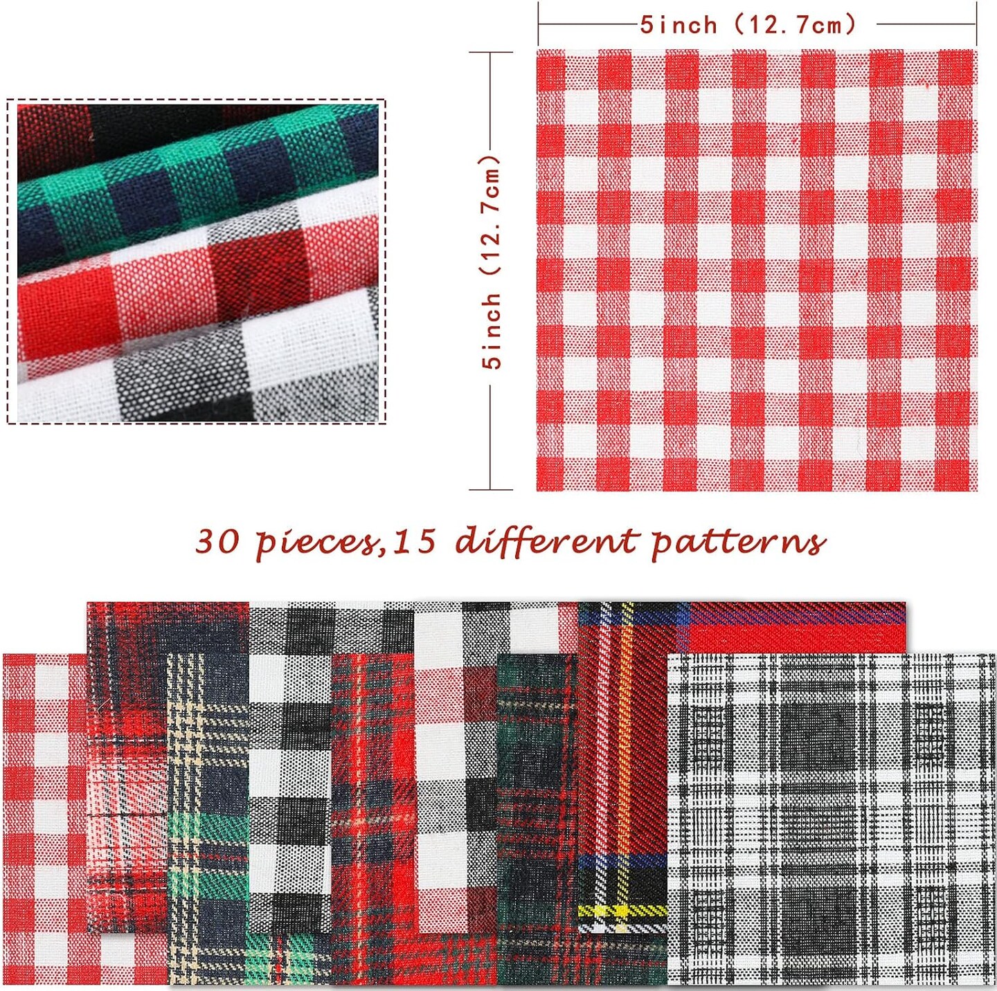 30Pcs Christmas Plaid Fabric Squares Buffalo Check Cotton Fabric Squares Red Green Black White Quilting Fabric Patchwork 15 Design Precut Quilt Charm Squares for DIY Art Craft Sewing, 5 x 5&#x22;