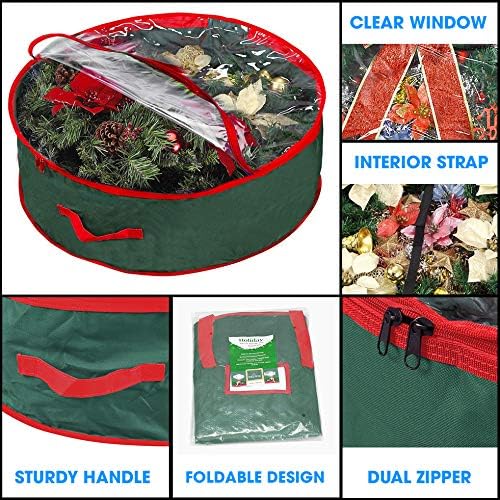 Christmas Wreath Storage Bag 24&#x22; | Garland Wreaths Container with Clear Window for Easy Holiday Storage | Durable 600D Oxford Material (Green)