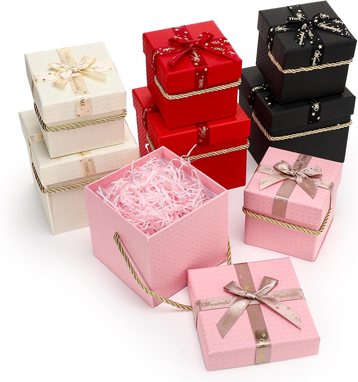 8 Pcs Christmas Boxes Decorative with Lid and Ribbon Nesting Gifts Boxes Assorted Sizes Multicolor Square Gift Wrapping Stacking Boxes for Xmas Wedding Anniversaries Birthday Party Presents
