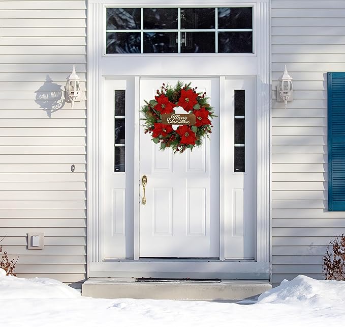 20 inch Artificial Christmas Wreath Winter Wreath with Poinsettia,Eucalyptus Leaves,red Berry,Pine Cones,Pine Needles for Indoor Outdoor Farmhouse Home Wall Window Festival Wedding Decor