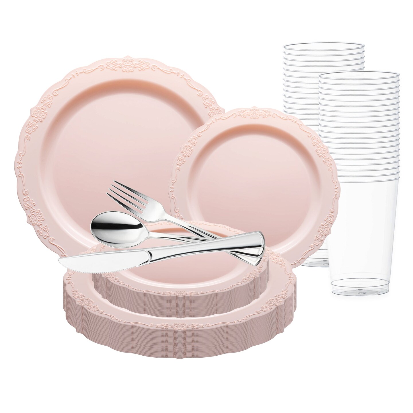 Pink Vintage Round Disposable Plastic Wedding Value Set (120 Settings)