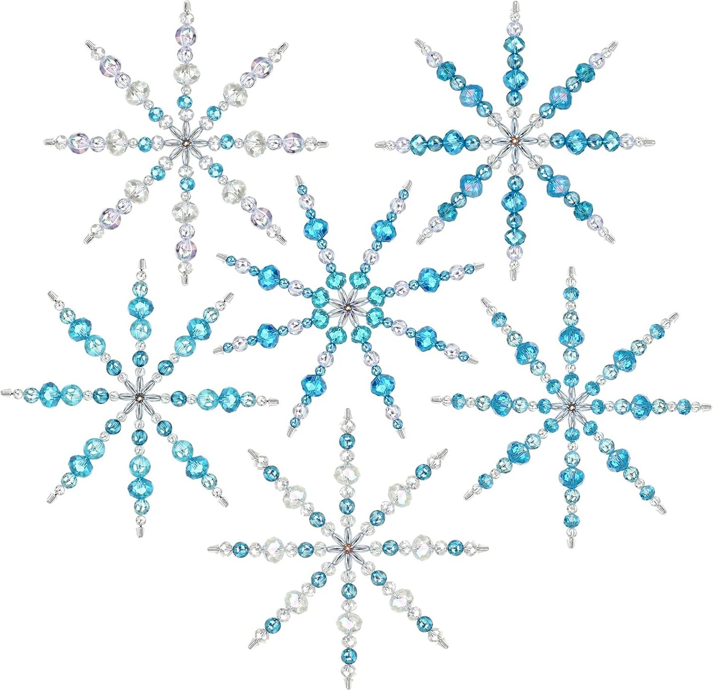 6 Pack Beaded Snowflake Ornament Kit for DIY Making Christmas Tree Ornaments, White Blue Clear, Includes Assorted Pearl Beads and Stainless Steel Wire Snowflake Forms