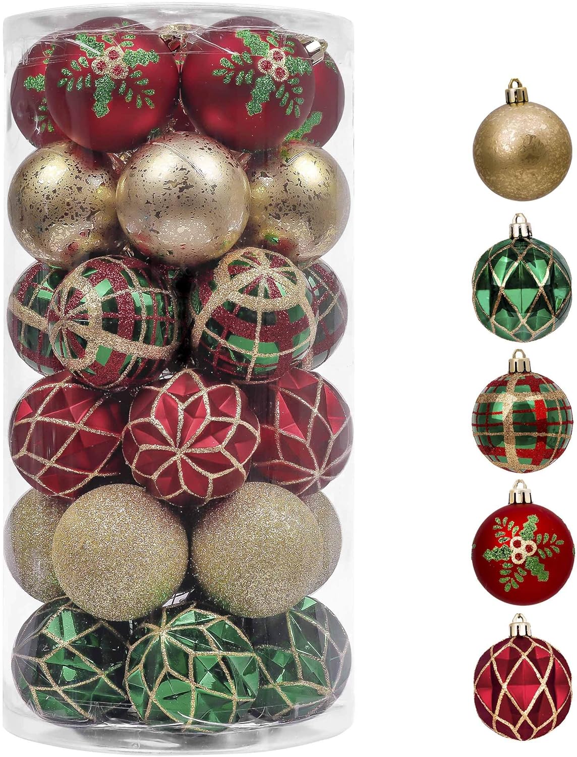 Christmas Ornaments Set, 30ct Red Green and Gold Shatterproof Christmas Tree Decorations Ball Ornaments Bulk, 2.36 Inches Traditional Country Hanging Ornaments for Xmas Trees Decor