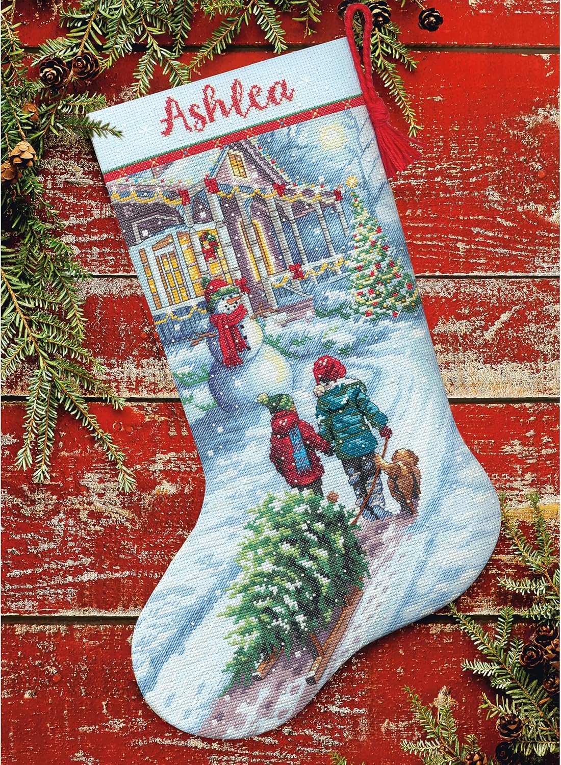 70-08995 Holiday Tradition DIY Personalizable Christmas Cross Stitch Stocking Kit, 16&#x22; L, 14 Count Light Blue Aida, Various