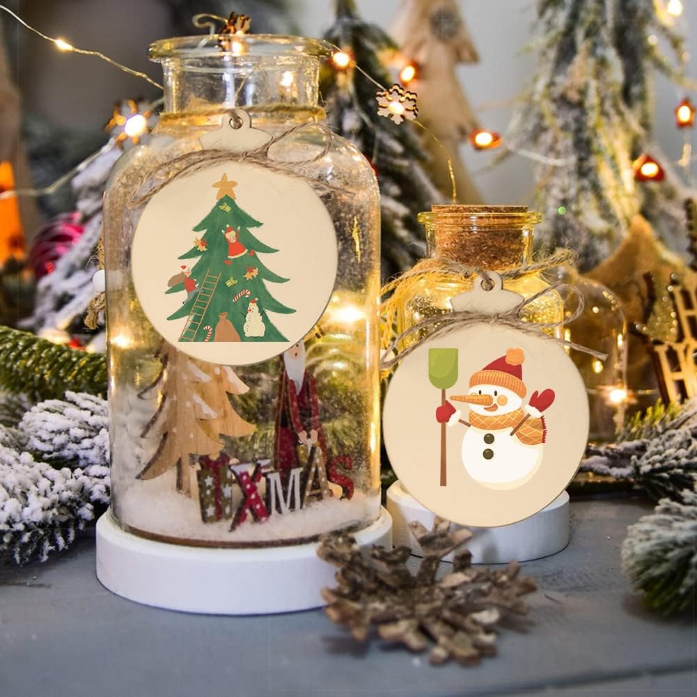 50pcs Round Christmas Wooden Ornaments for Crafts, 4" Unfinished Wood Ornaments Blank Predrilled Natural Wood Slices, DIY Christmas Tree Ornaments Hanging Decorations