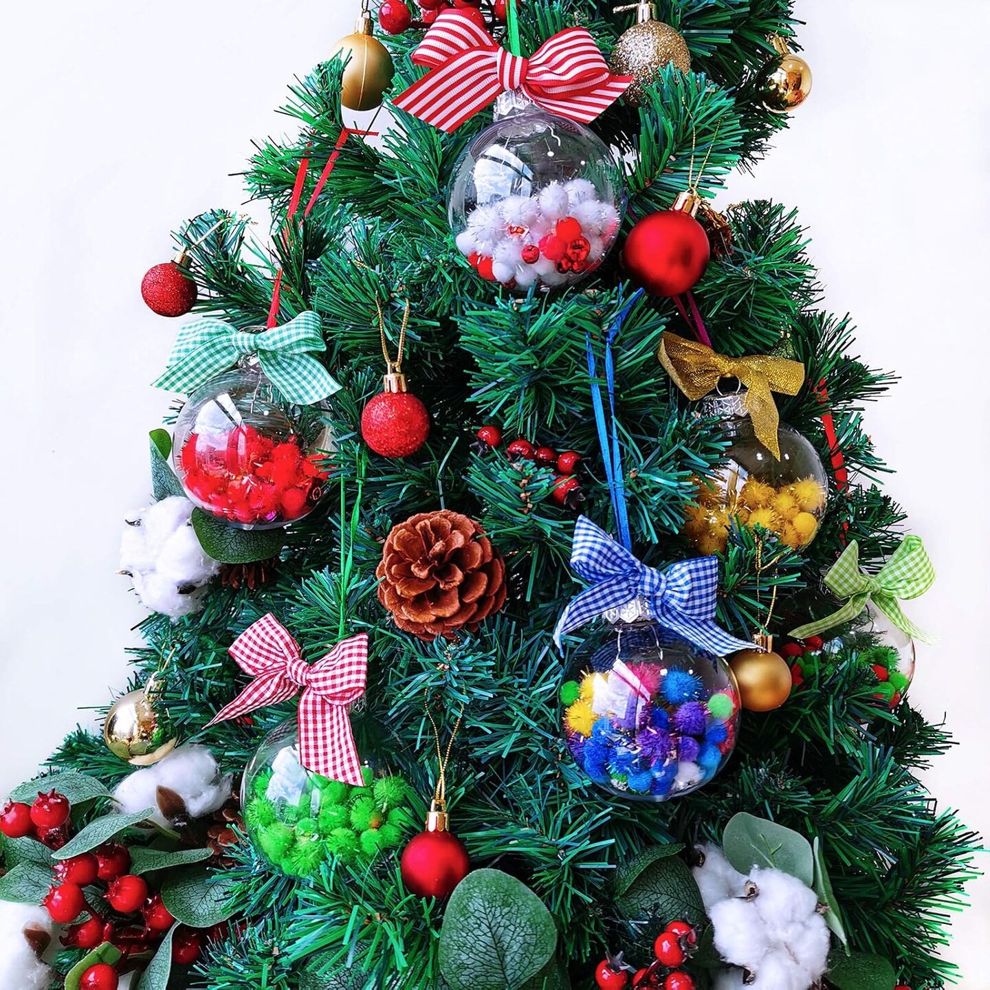 12 Sets Christmas Bulb Ornament Balls Clear Plastic Glass Ball Craft Kit Bauble Ornaments Fillable Unbreakable Shatterproof Hanging Tree Ornaments Jingle Bells Pom-poms Bows for Holiday D&#xE9;cor