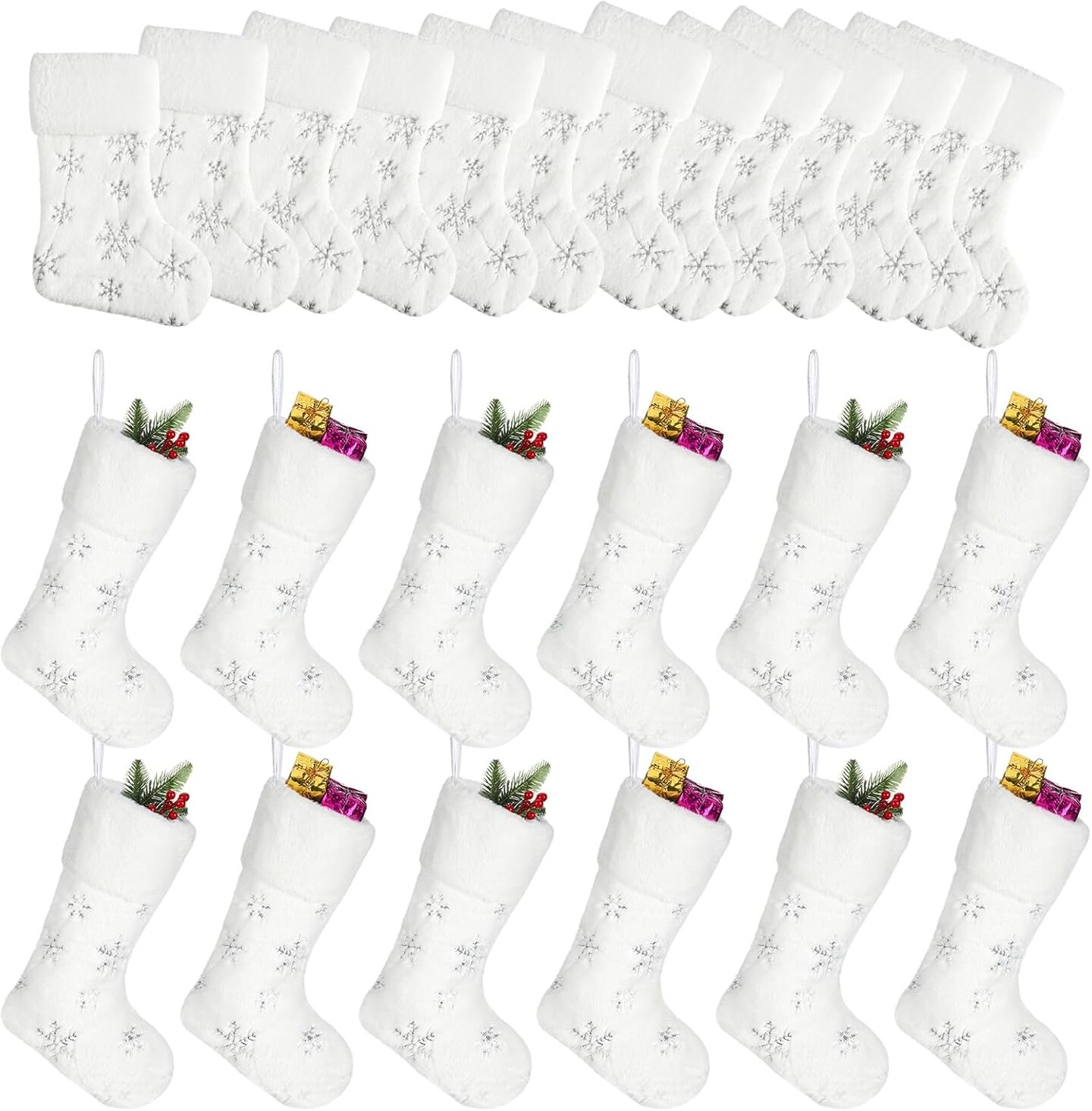 12 Pcs 9 Inch Mini Christmas Stockings Faux Fur Xmas Stockings Small Plush Sequin Snowflake Stockings for Family Holiday Party Hanging Decoration Decor Gift (White, Silver)