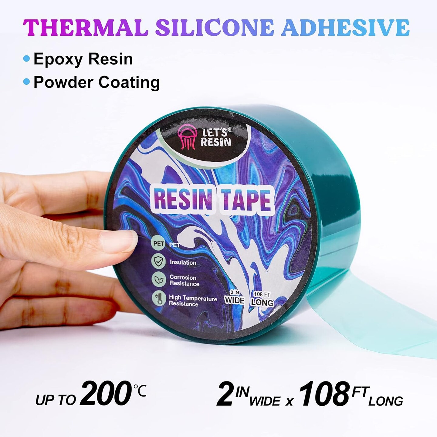 LET&#x27;S RESIN Resin Tape,2Inch Wide x 108FT Long Epoxy Tape,Thermal Adhesive Tape,High-Temperature Heat Insulation, Easy Peel, Release Resin Tape for Epoxy Resin Molding, River Tables,Remove Residue