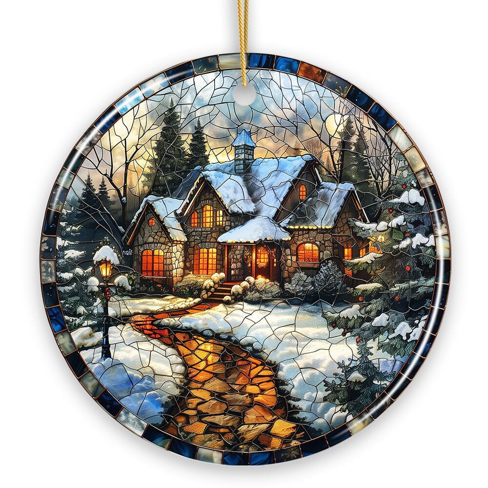 Elegant Rustic Winter Cabin Stained Glass Themed Ceramic Christmas Ornament Vintage Tree Decoration