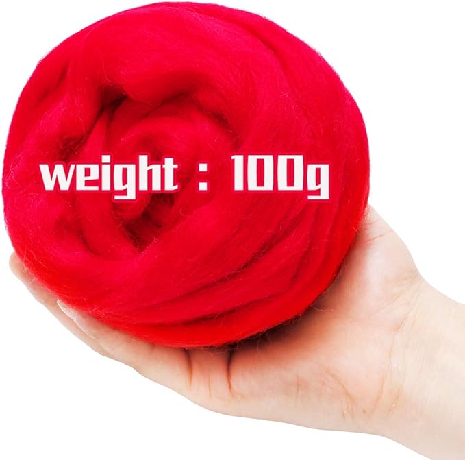 Wool Felting Supplies, Pure Wool, Chunky Yarn, Spinning Wool Roving for Needle Felting Wet Felting DIY Hand Spinning (red)