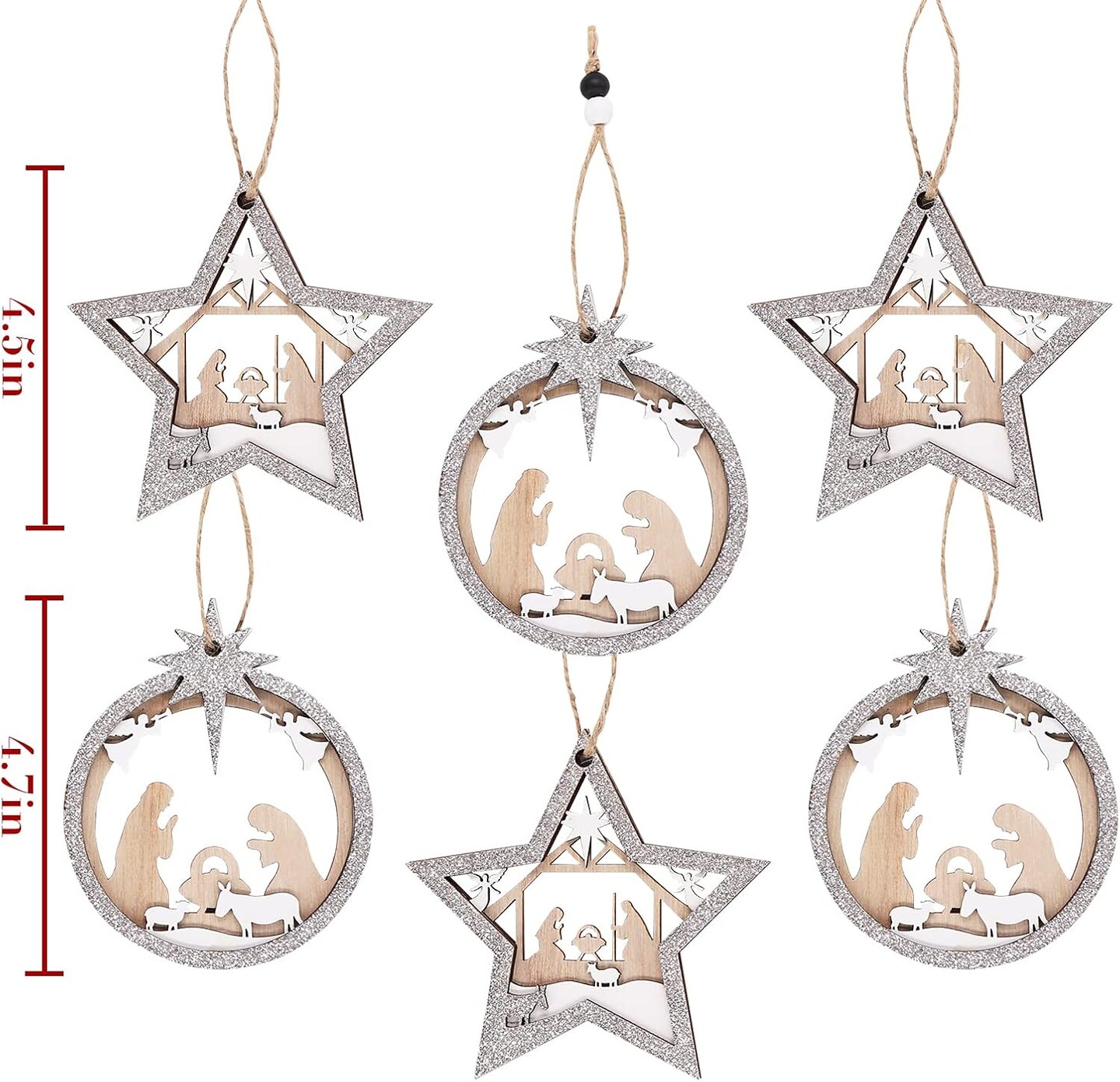 Christmas Decorations Indoor Nativity Scene Ornaments, 6 Set Wooden Christian Tree Ornaments, 3-Layer Sliver White Carved Wood The Birth of Jesus Decorations, Religious Xmas Decor for Home