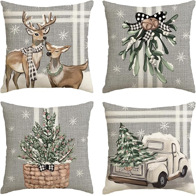 Christmas Tree Reindeer Truck Stripes Gray Throw Pillow Covers, 18 x 18 Inch Winter Holiday Cushion Case Decoration for Sofa Couch Set of 4