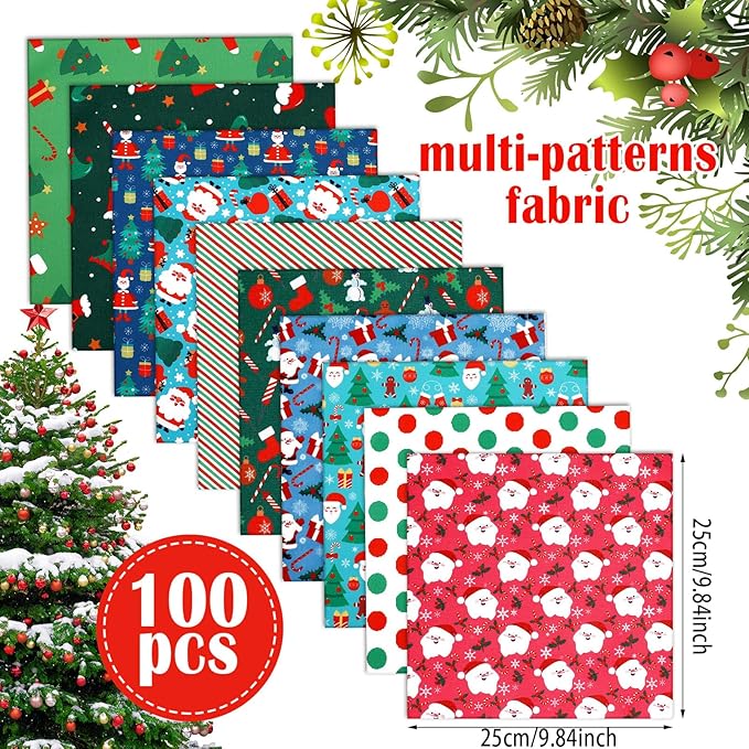 100 Pcs 8 x 8 Inches Christmas Fabric Bundles Fat Quarters Santa Claus Precut Fabric Bundle Squares Xmas Tree Snowman Printed Sewing Patchwork Fabric Winter Fabric for Xmas DIY Crafts Quilting