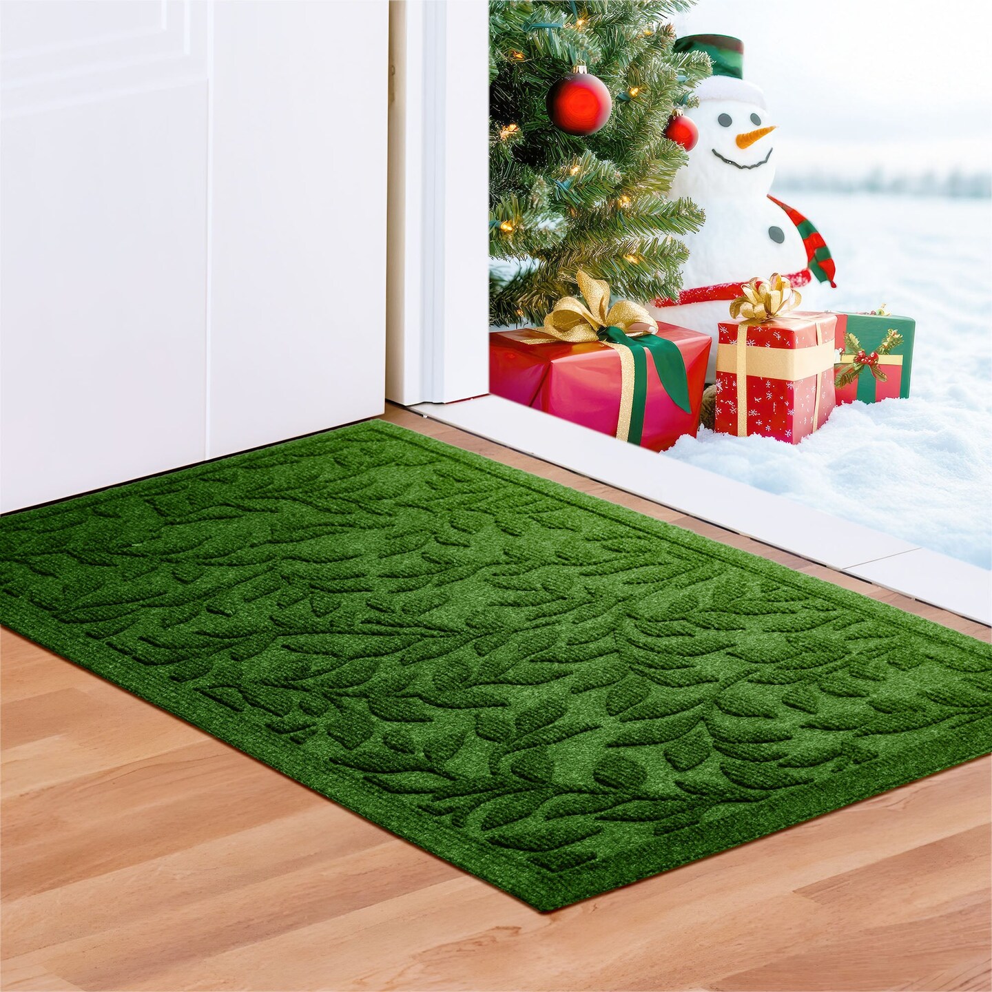 G128 Home Entrance Green Leaves Door Mat | 17x29.5 In | Thick Absorbent Natural Rubber Non Slip, Indoor/Outdoor, Easy Clean, Welcome Mats for Front Door/Patio/Garage