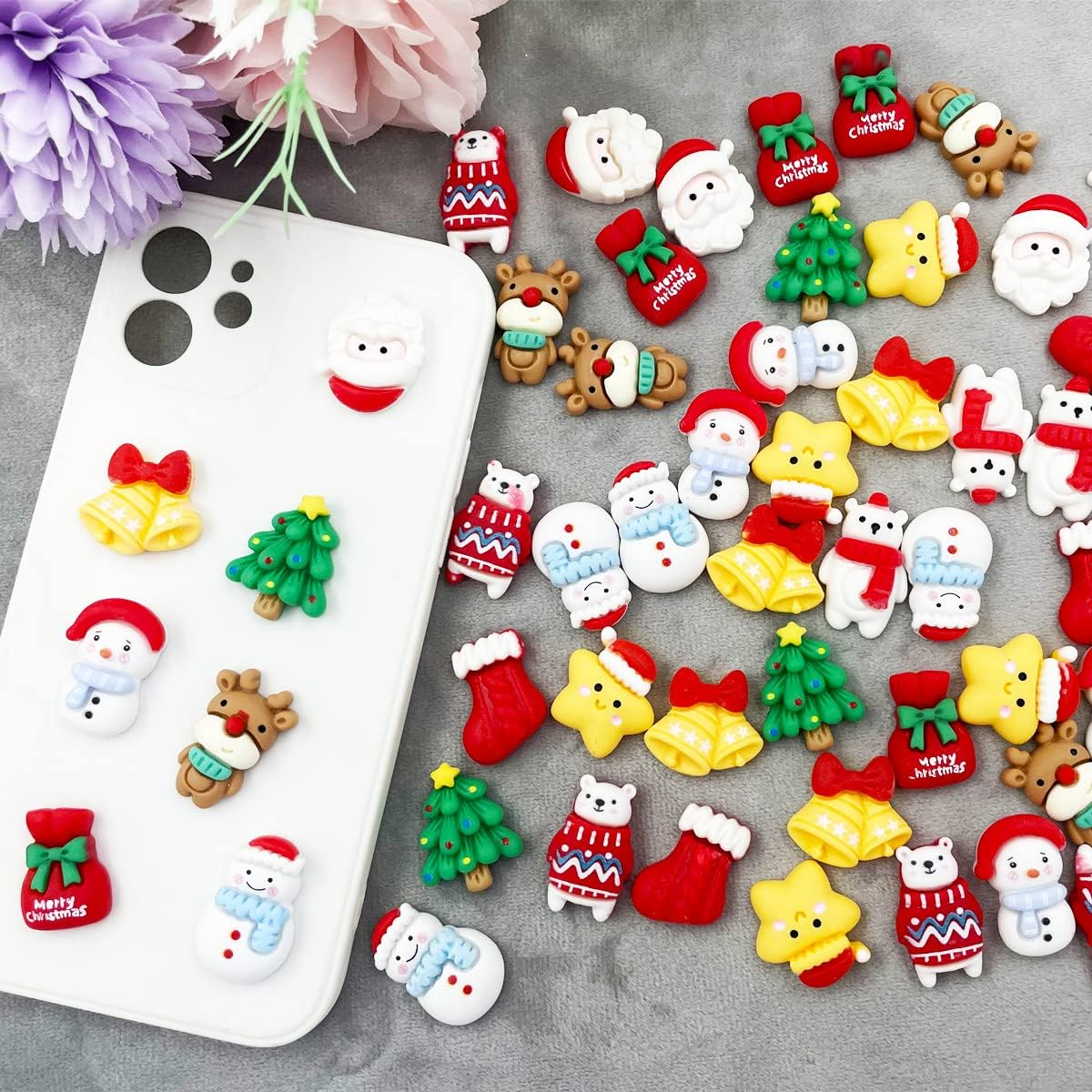 Christmas Resin Charms, 55Pcs Resin Flatback Assorted Button Santa Snowman Tree Bell Deer Cartoon Embellishments Supplies for DIY Scrapbooking Jewelry Cell Phone Case (55 pcs Christmas)