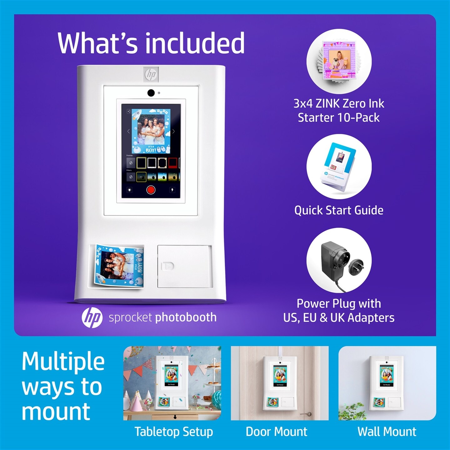 HP Sprocket Photobooth 3&#x22; x 4&#x22; Color Photo Printer with Touch Screen, LED Ring Light, Wi-Fi &#x26; More!