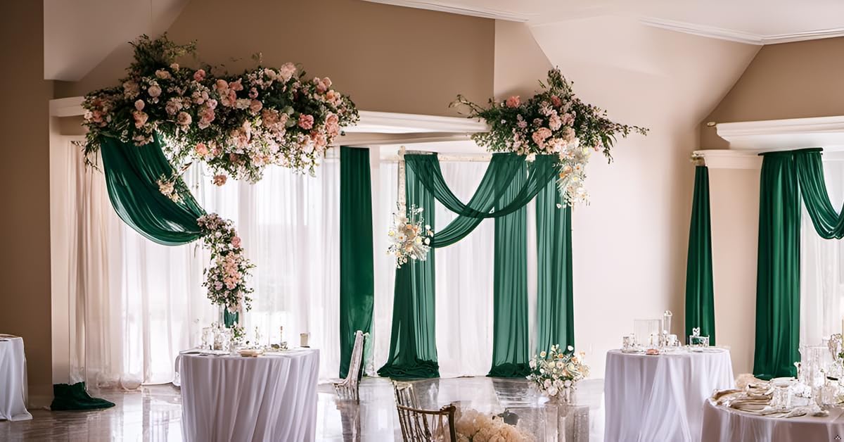 Emerald Green Wedding Arch Draping Fabric 1 Panel 29" x 20Ft Christmas Chiffon Outdoor Curtain Backdrop Sheer Arch Drapes for Thanksgiving Wedding Ceremony Party Ceiling Decoration