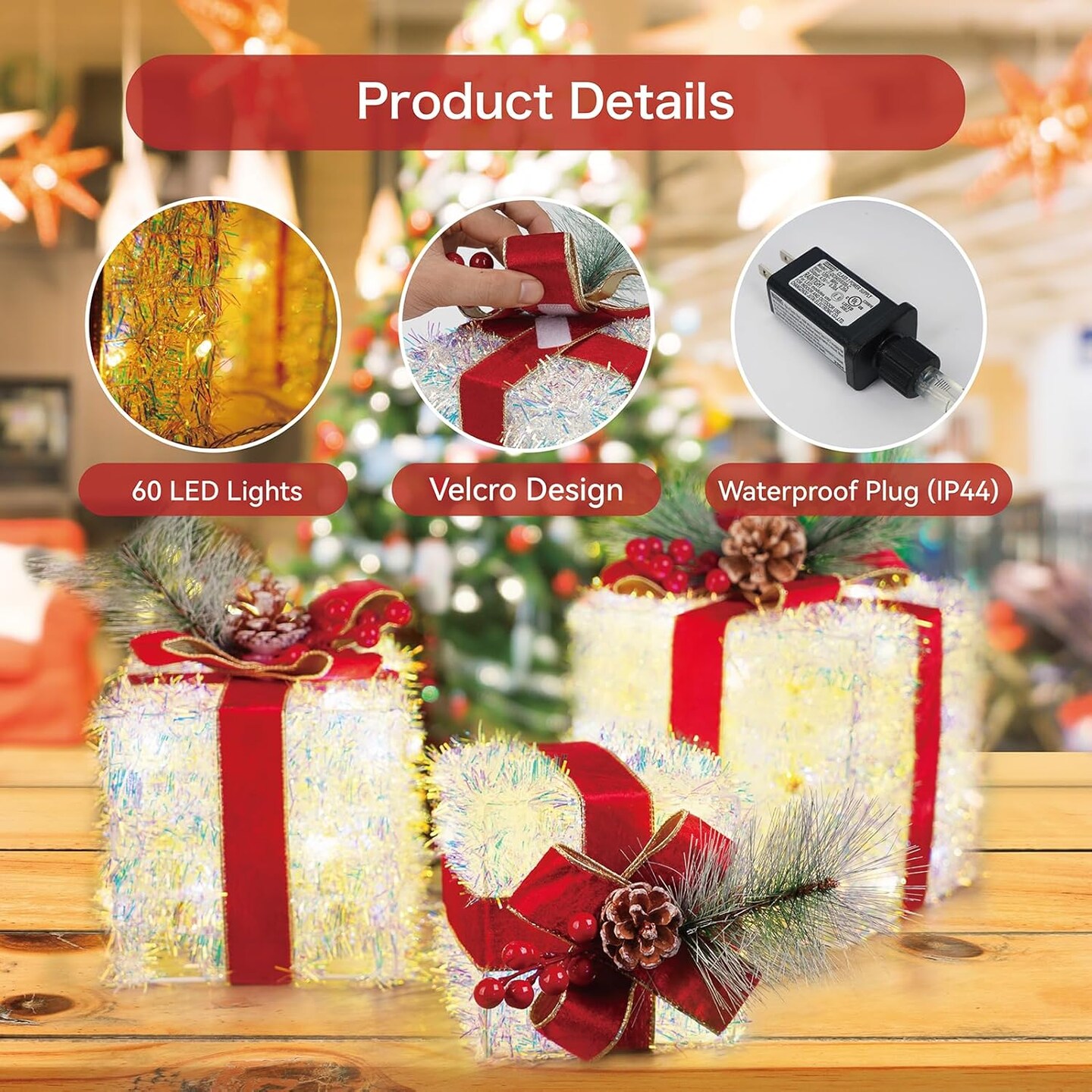 Set of 3 Christmas Lighted Gift Boxes, Pre-lit 60 LED Light Up Present Boxes Ornament for Christmas Decorations Indoor Outdoor Home Yard Xmas Tree Holiday Party Lawn Porch (Tinsel)
