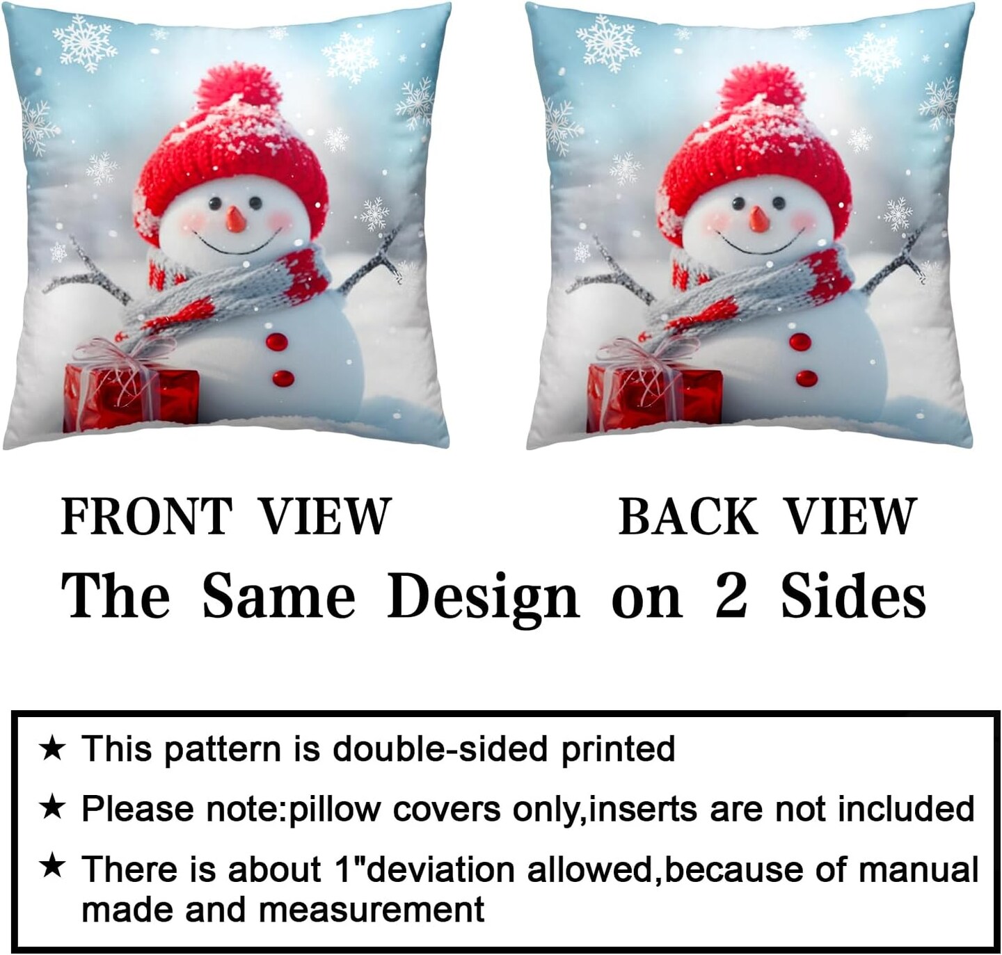 Christmas Snowman Pillow Covers 16x16 Set of 2 Winter Throw Pillow Cover Snowflake Pillowcase Simple Christmas Decor Cushion Covers Double Sided for Bed Sofa Living Room