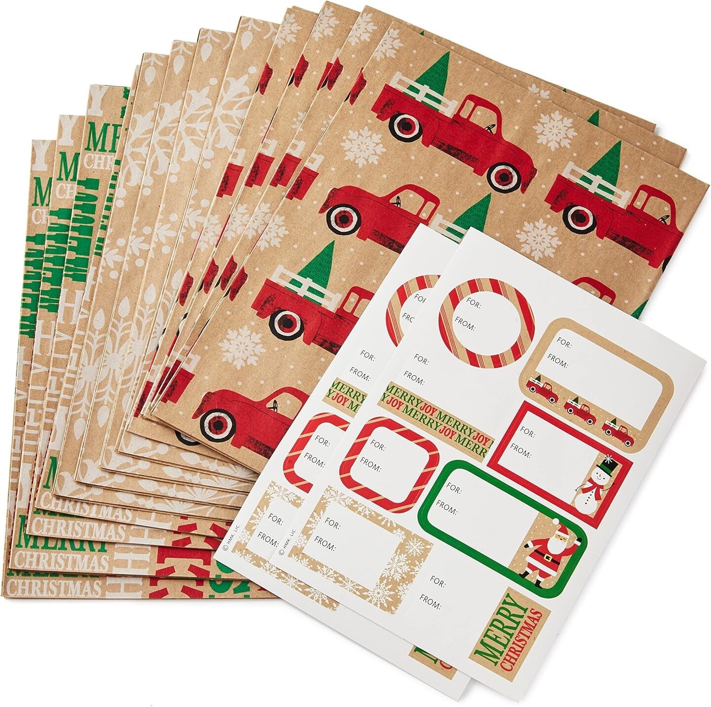 Christmas Flat Wrapping Paper Sheets - Recyclable Kraft Gift Wrap Paper (12 Folded Sheets with Sticker Seals) Rustic Red Trucks, White Snowflakes, Merry Christmas Lettering