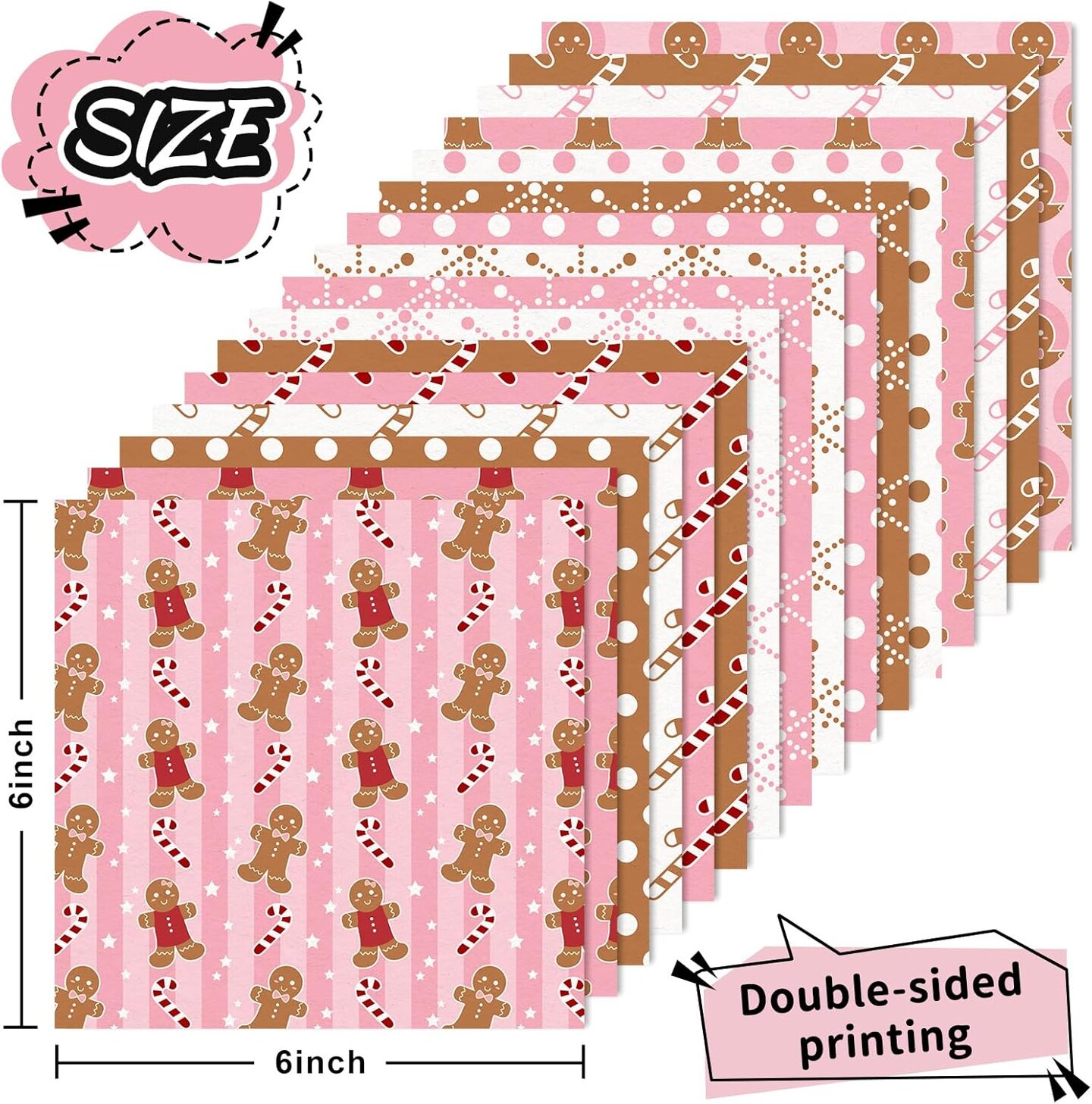 32 Sheets Christmas Pattern Paper Gingerbread Man Dot Scrapbook Specialty Paper Double Sided Pink Brown Craft Paper For Xmas DIY Crafts Supplies, 6 x 6 Inch