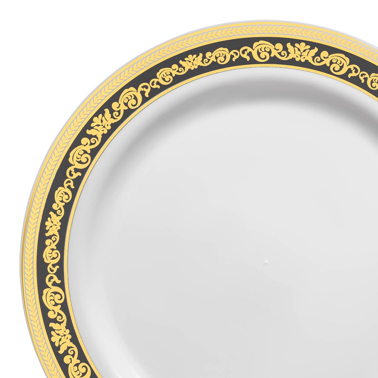 White with Black and Gold Royal Rim Plastic Dinner Plates - 10.25" (120 Plates)