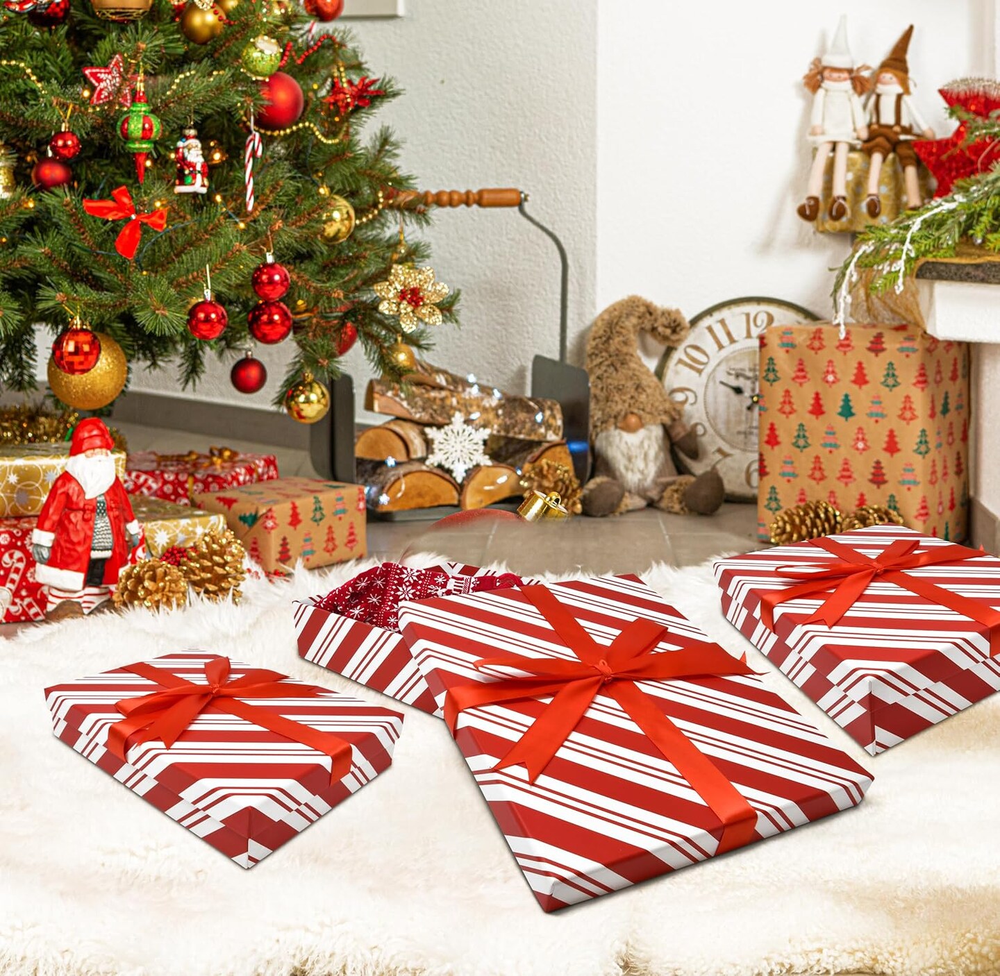 Christmas Nesting Gift Boxes Rectangle 3 Pack Peppermint Candy Cane striped Design Christmas Stacked Apparel Box with Lids in Assorted Sizes for Gift Giving Holiday Decorative Gifts Present Wrapping