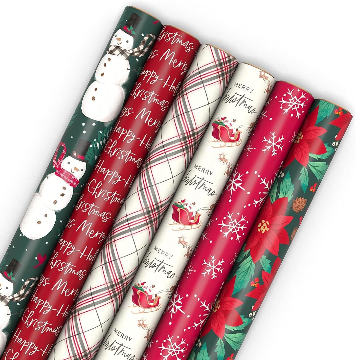 Rustic Recyclable Christmas Wrapping Paper (6 Rolls: 180 Sq. Ft. Total) Red, White and Hunter Green Plaid, Poinsettias, Snowflakes, &#x22;Merry Christmas,&#x22; Snowman, Santa