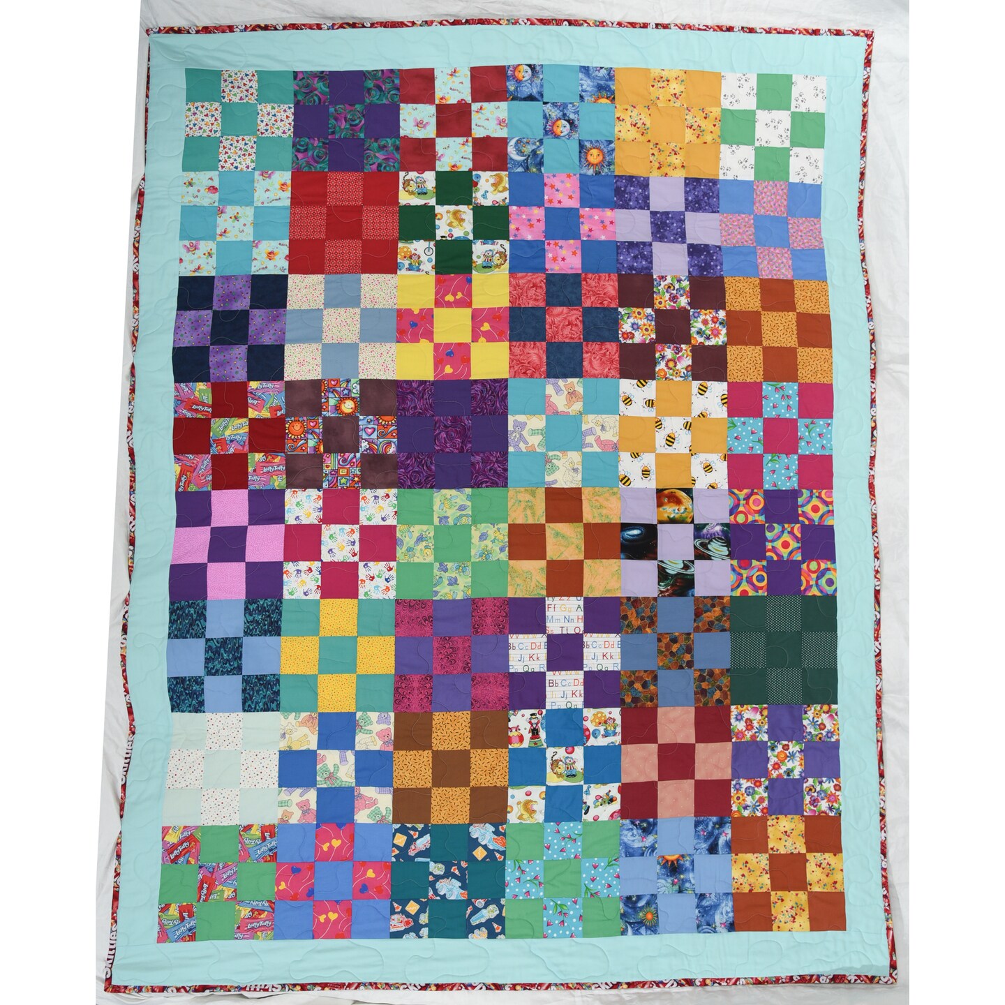 New Handmade, colorful, 9 patch throw quilt. Professionally machine sold quilted.