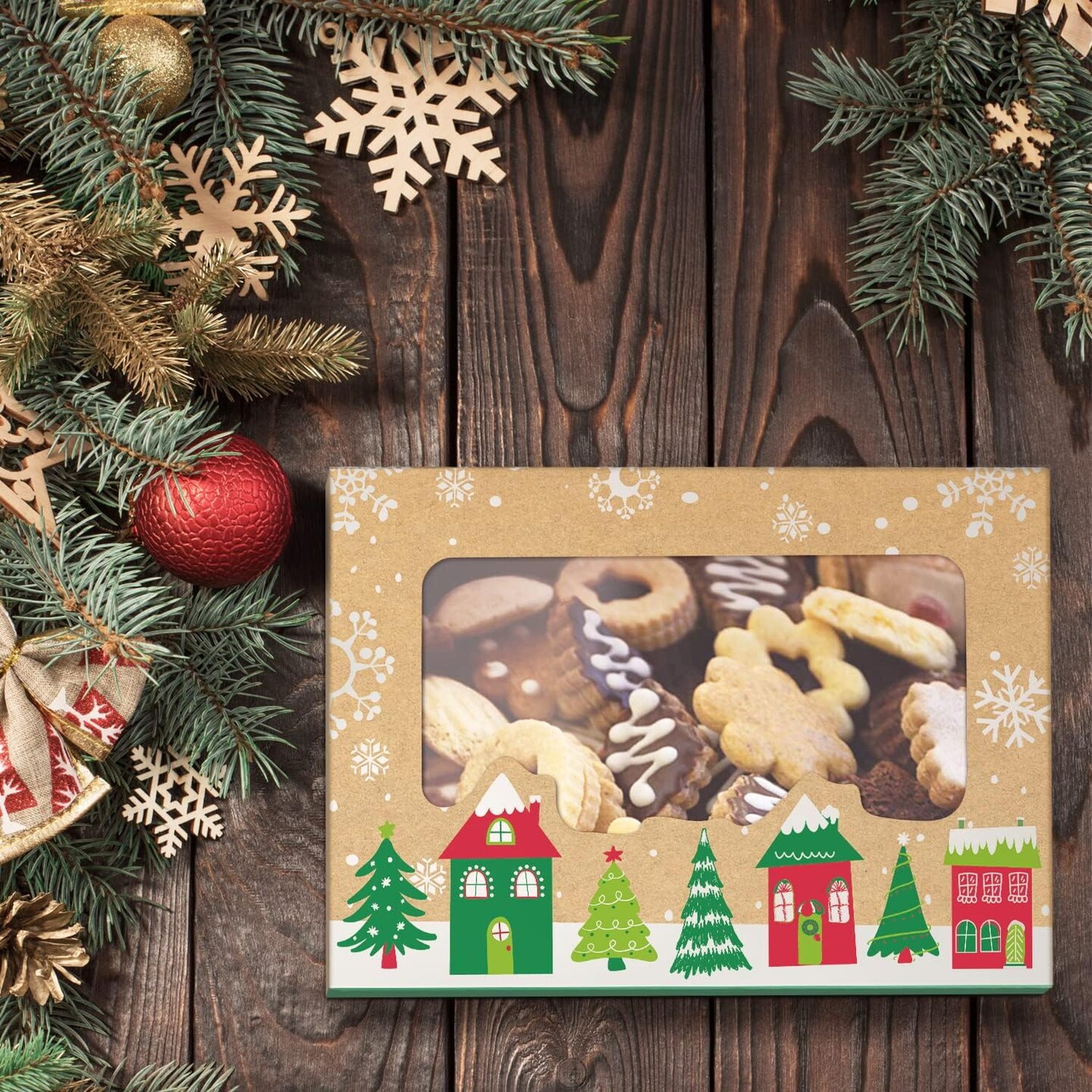 12 Christmas Cookie Boxes -Large Kraft Holiday Bakery Food Container for Gift Giving with 80 Count Christmas Foil Gift Stickers