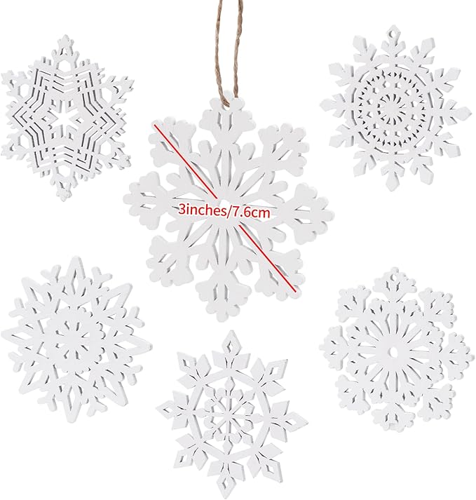 Hanging Wood Christmas Tree Snowflake Ornaments Crafts Hollowed Embellishments for Christmas Holiday Decor, 3inch, White