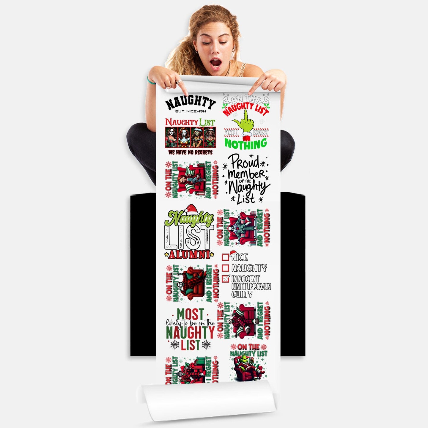 On Naughty List and Regret Nothing - Christmas  DTF Transfer 22x60 Direct-to-Film Gang Sheets Iron On Transfers - 13 Adult Prints