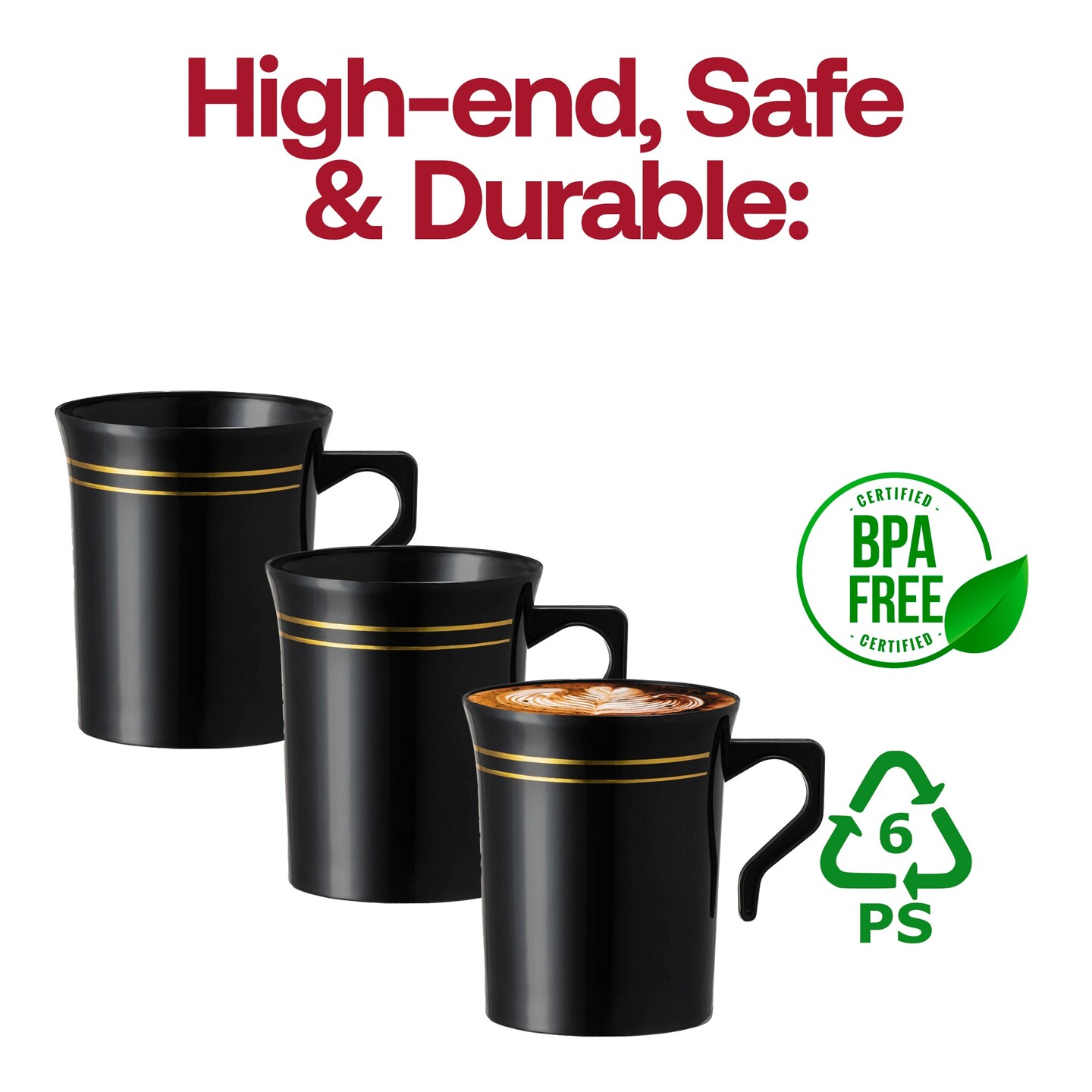 Black with Gold Edge Rim Round Plastic Coffee Mugs - 8 oz. (120 Mugs)