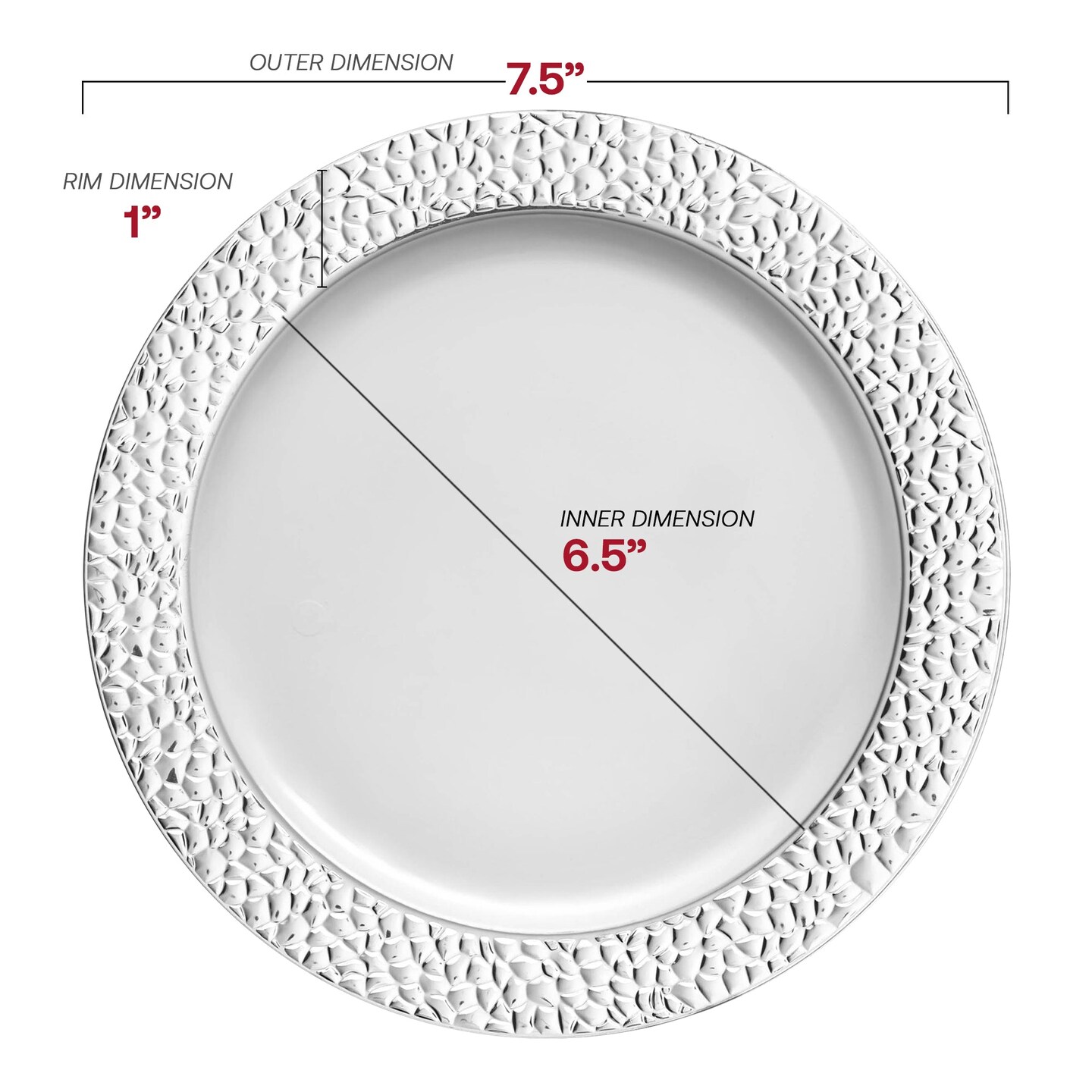 White with Silver Hammered Rim Round Plastic Appetizer/Salad Plates - 7.5" (120 Plates)