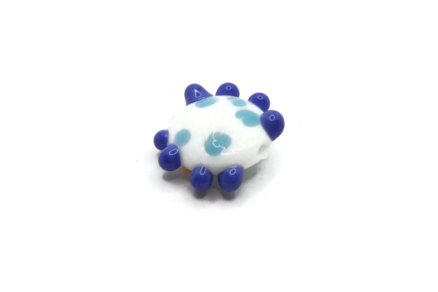 19mm White with Blue Dots and a Duck Bead Flat Round Coin Lampwork Glass Bead
