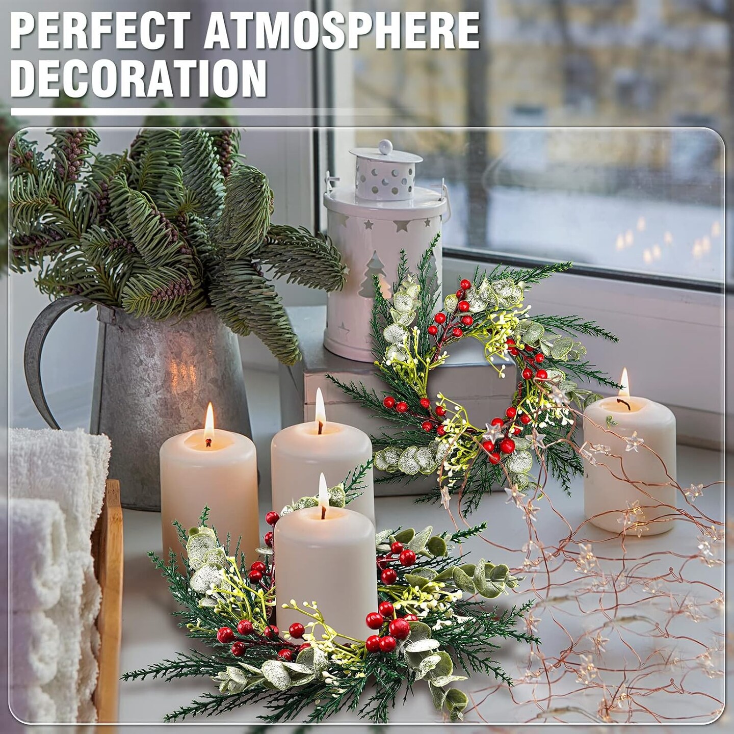 Christmas Candle Rings Artificial Red Berries Snowy Pine Needles Garland Candle Rings Wreaths Candle Rings for Pillars Rustic Wedding Centerpiece Christmas Table Decoration for Front Door (4 Pcs)