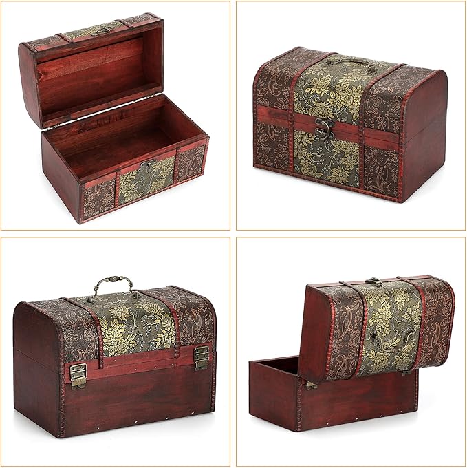 Vintage Treasure Chest Box, Pirate Keepsakes Box for Kids Gifts, Wooden Treasure Storage Box Decorative Box for Jewelry Pearl Trinkets, X-Large