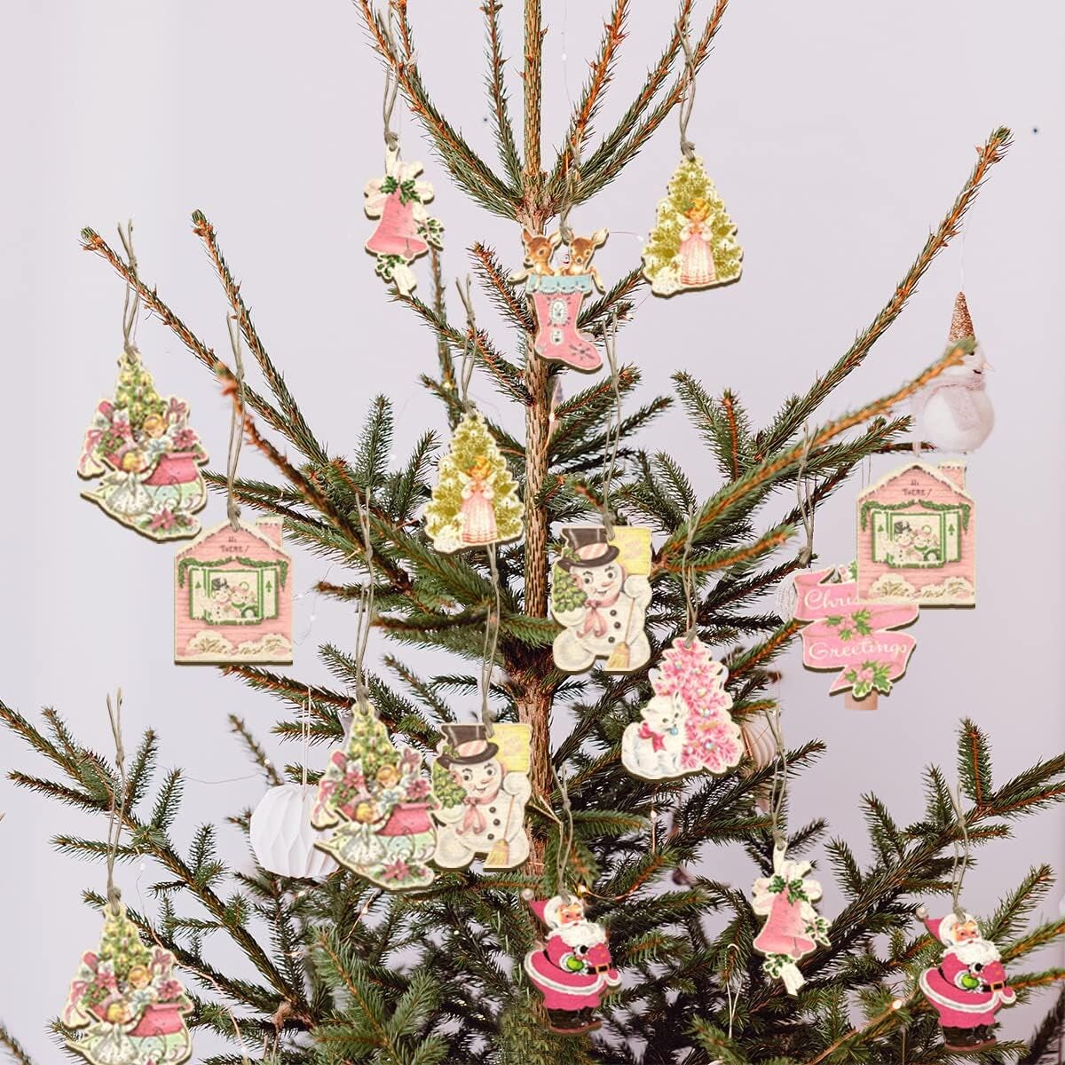 27Pcs Vintage Christmas Ornaments-Pink Christmas Decoration Vintage Style Santa Claus Snowman Deer Hanging Wooden Signs Pink Christmas Ornaments for Tree(Pink Christmas)
