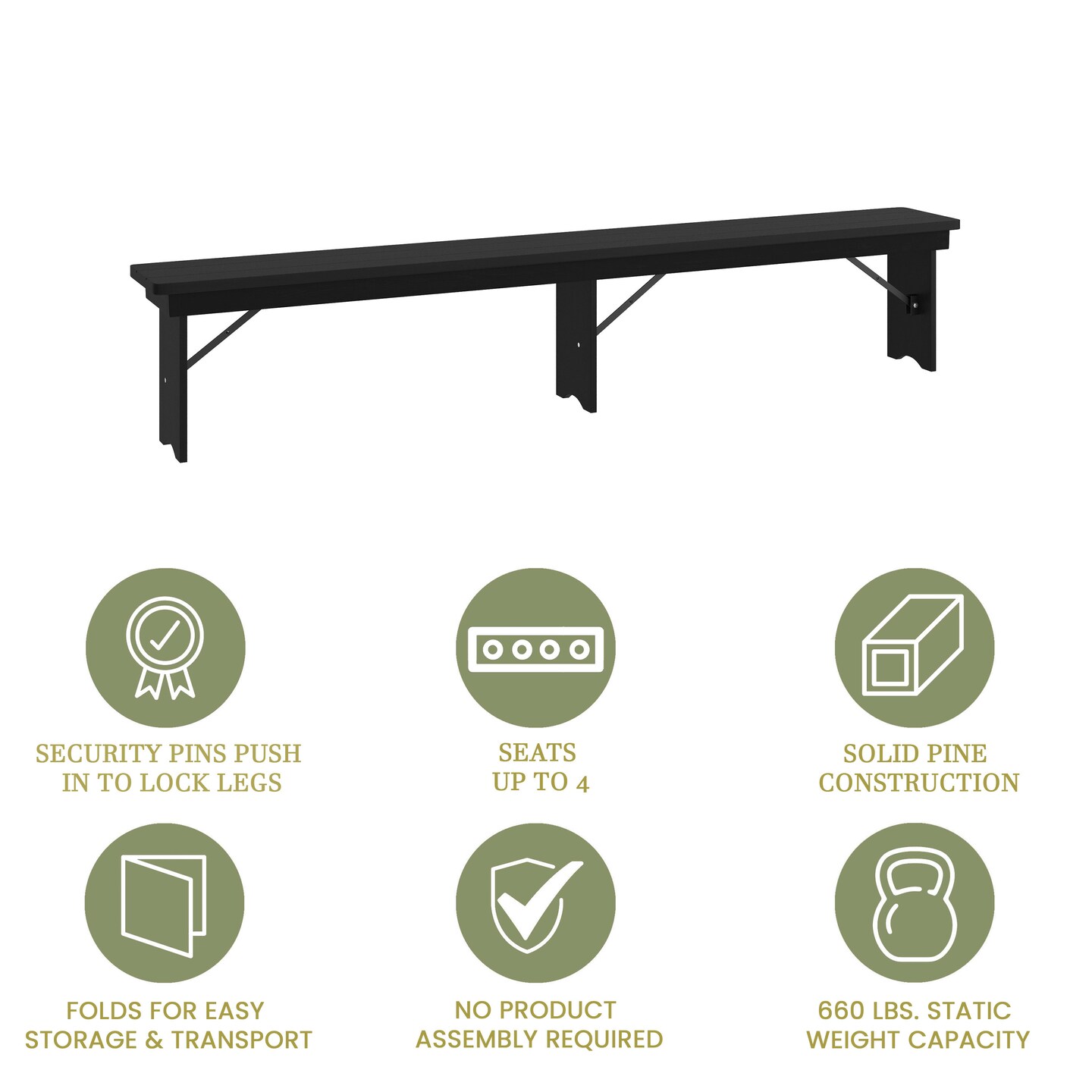 Merrick Lane Tinsley 96&#x22; x 12&#x22; Solid Pine Folding Farmhouse Style Bench