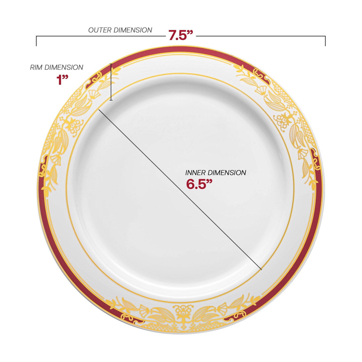 White with Burgundy and Gold Harmony Rim Plastic Dinnerware Value Set (120 Guests)