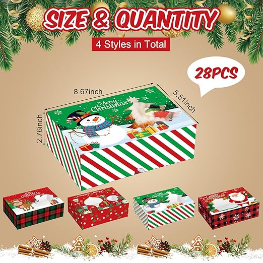 28 Pcs Christmas Cookie Boxes Merry Christmas Bakery Box with Window Xmas Buffalo Plaid Treat Box with Lid Snowman Santa Reindeer Gift Box for Xmas Holiday Party Gift Giving Supplies Decor