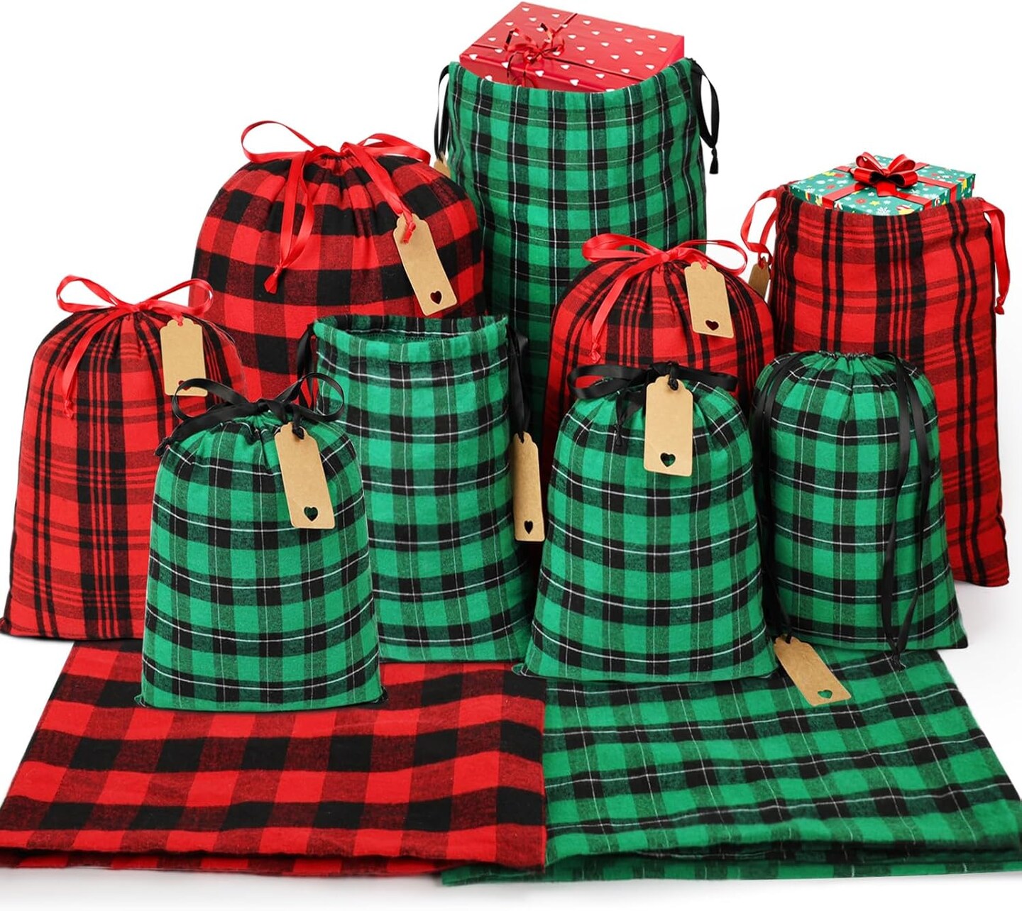 Fabric Christmas Gift Bags Assorted (Large 20in, Medium 16in, Small 12in), 9pcs Cotton Gift Wrapping Sacks Cloth Pouches for Xmas Presents