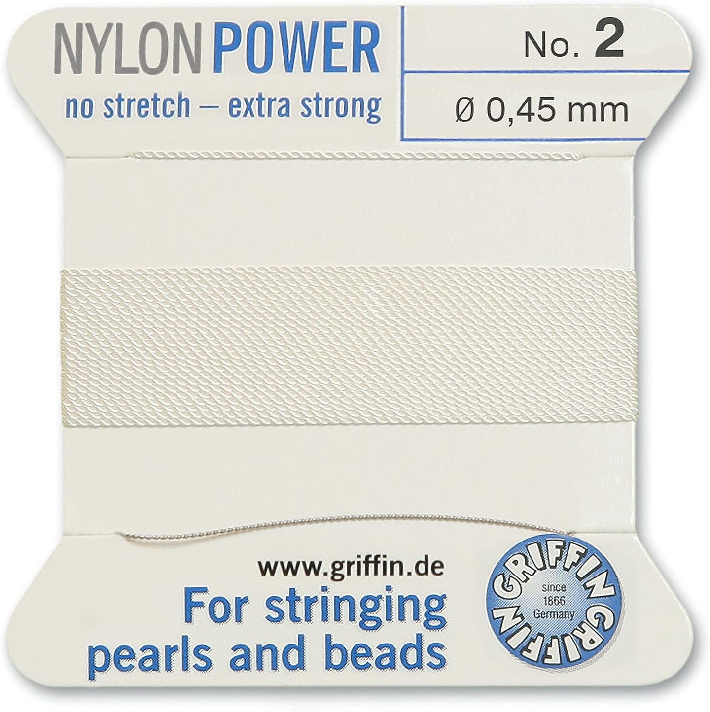 Griffin Nylon Bead Cord Perlseide – Size 2 (0.45mm) – 2 Meters per Card – Stainless Steel Needle Attached – for Knotting Pearls, Gemstones, Crystals and Beads