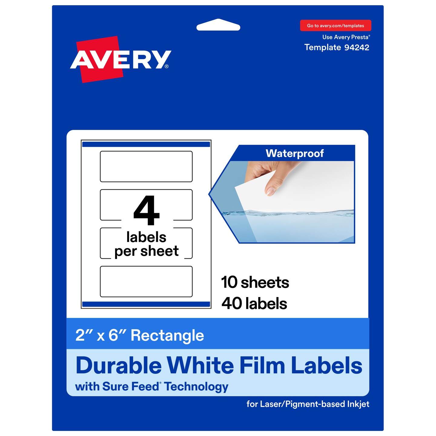 Avery Durable Waterproof Rectangle Labels with Sure Feed, 2" x 6"