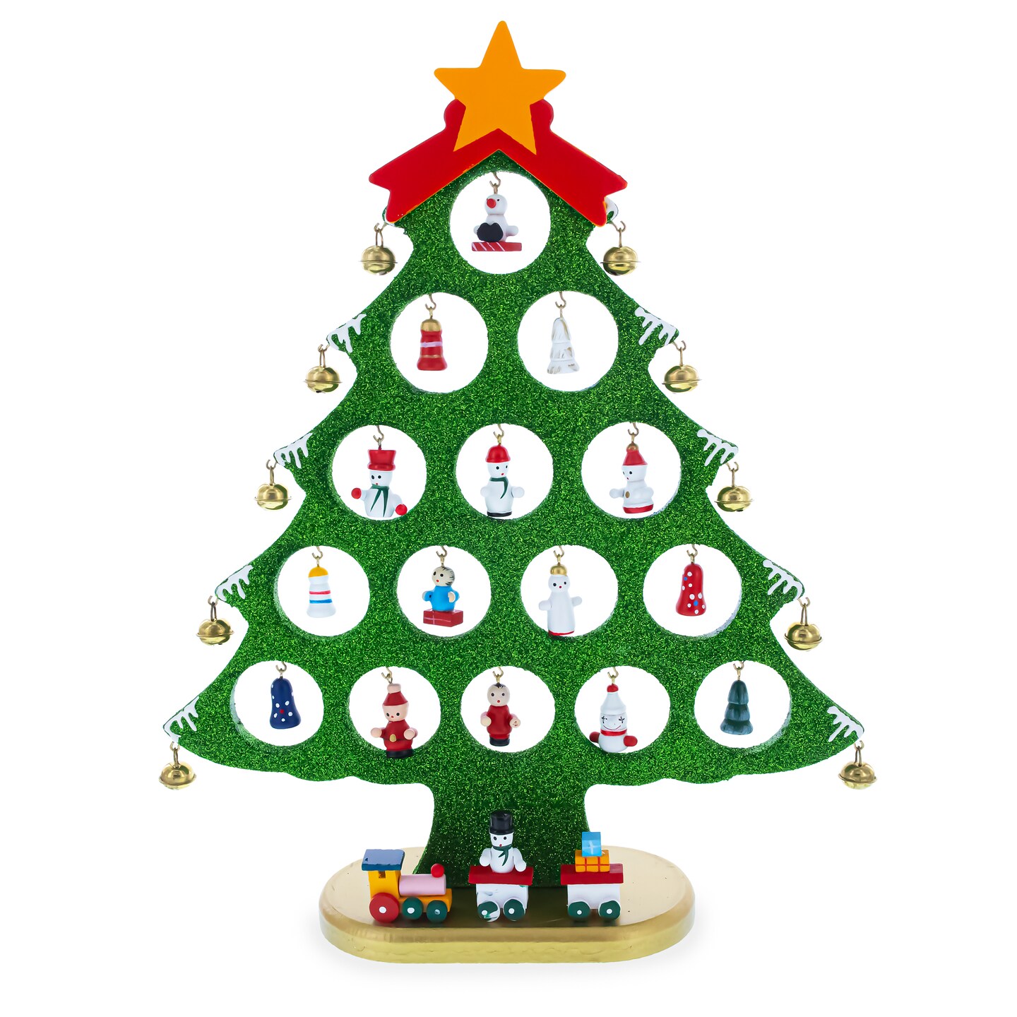 Wooden Tabletop Christmas Tree with 25 Miniature Ornaments and Train Base 12 Inches