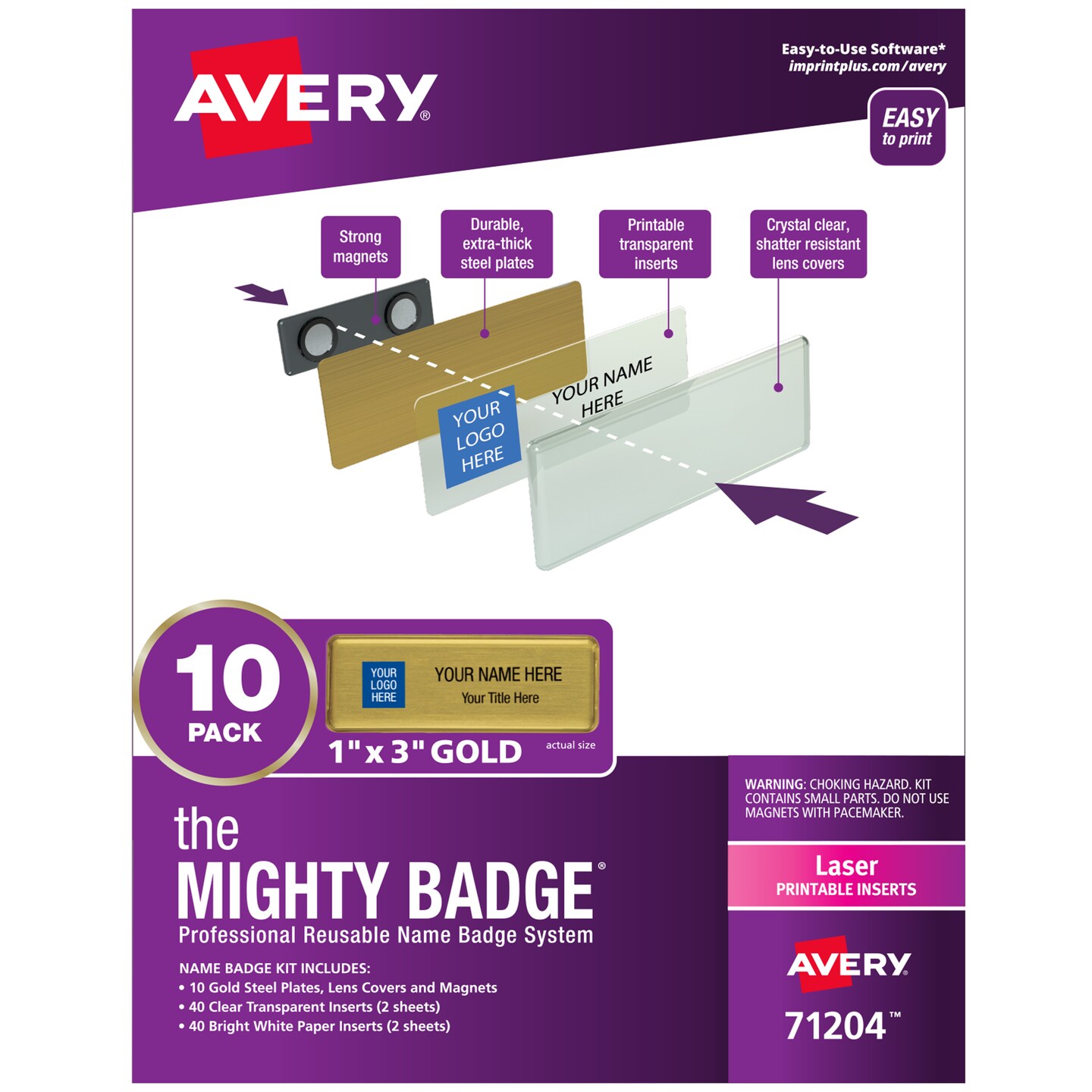 Avery Reusable Magnetic Professional Name Badge System, 1" x 3" Gold Name Tags, 10 Identification Badges, 80 Laser Printable Inserts, Design Software Included (71204)