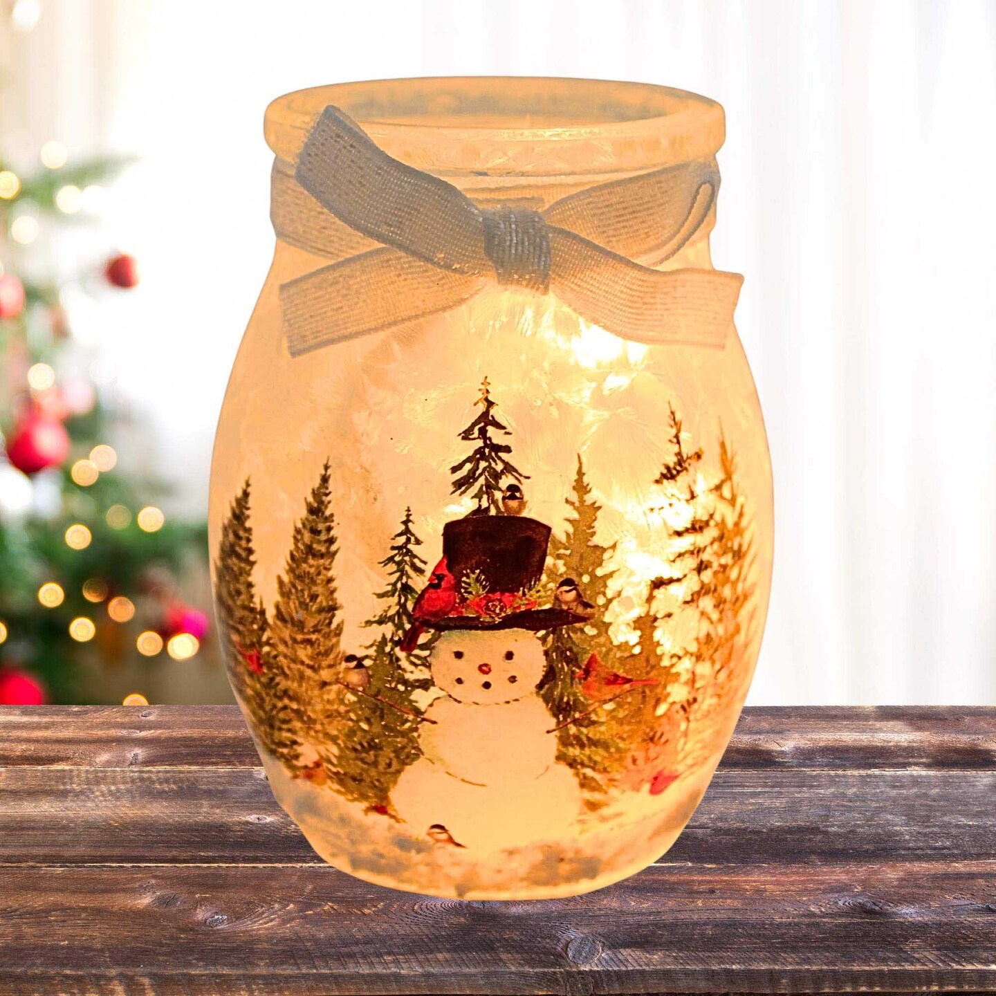Stony Creek 4.0 Inch Forest Snowman Pre-Lit Small Jar Christmas Lighted Glass Accent , Christmas Decor Winter Christmas Snowman Scene