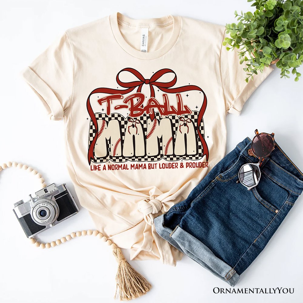 T-Ball Mama Coquette Red Bow T-Shirt, Retro White and Natural Tee for Proud Sports Moms
